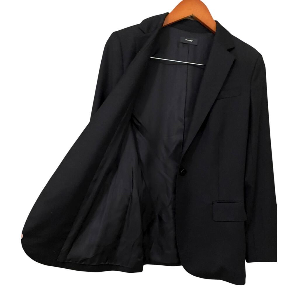 Theory Women Staple Blazer in Sleek Flannel US 2 Black 100% Virgin Wool Business - Picture 3 of 8